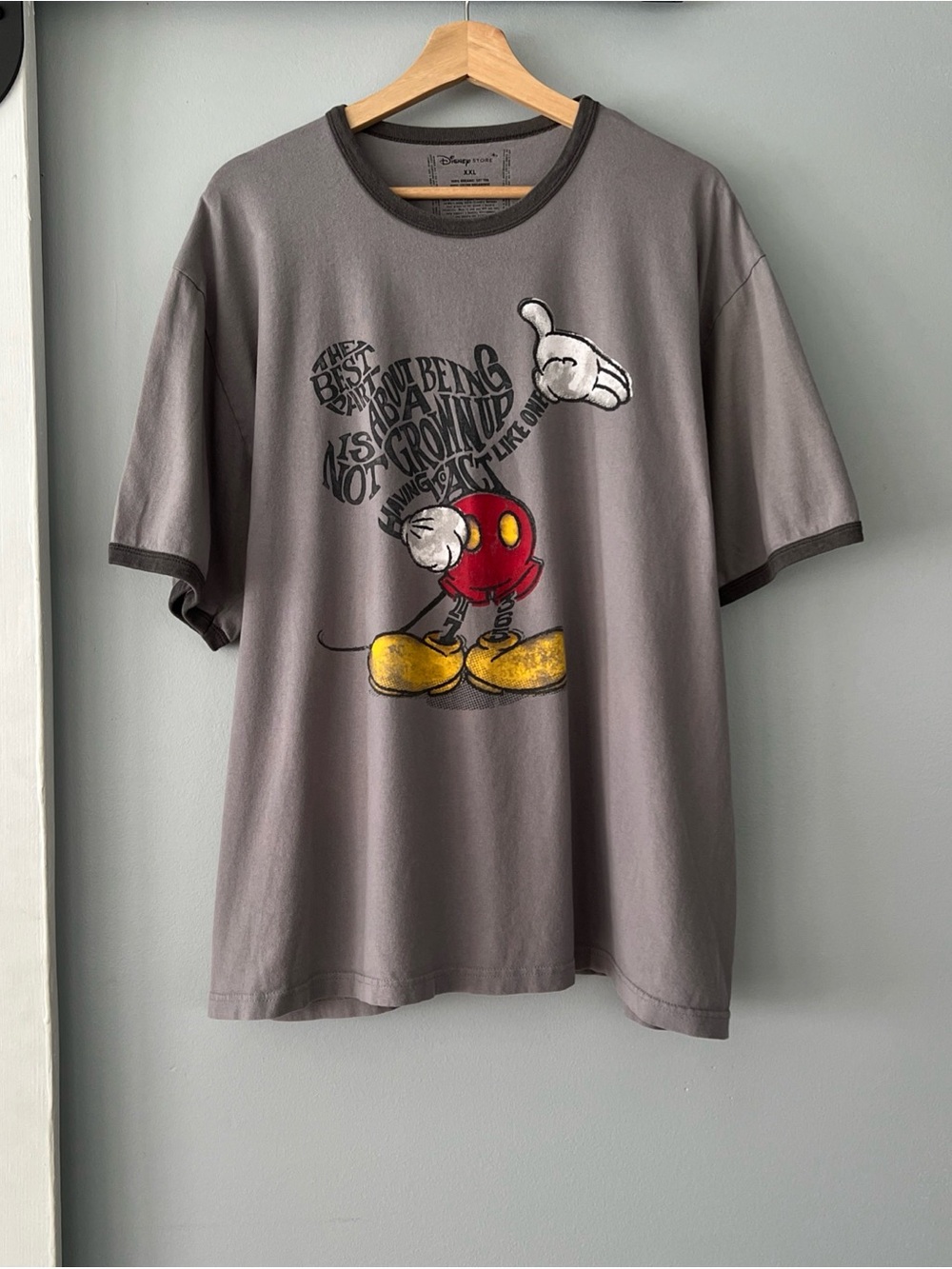 Disney Men’s 2XL Organic Cotton Mickey Mouse Quote Graphic Gray Ringer T-Shirt